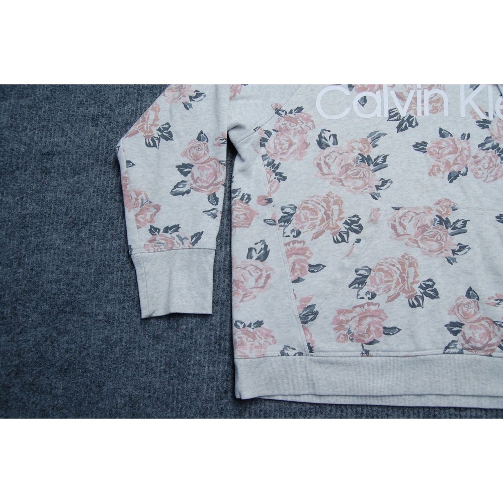 Calvin Klein Hoodie Sweatshirt Womens L Gray Floral Fleece Pullover Logo Raglan - Picture 4 of 9